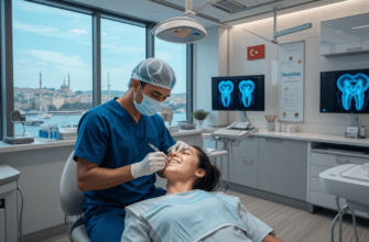 Dentist performing dental implant surgery in a high-tech Istanbul clinic with Bosphorus views