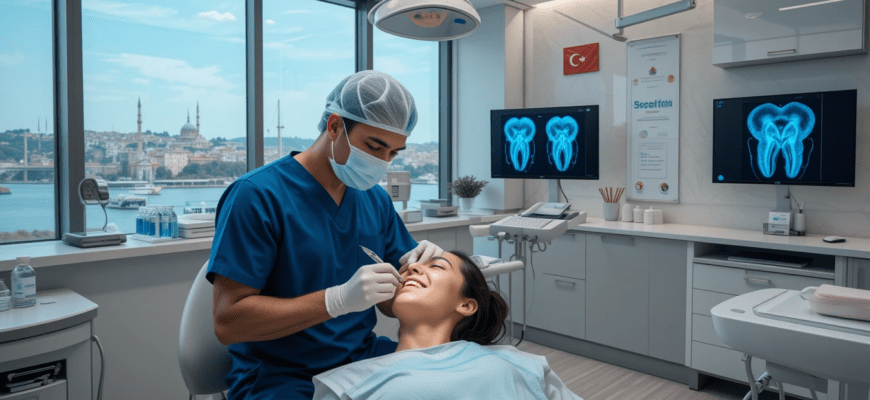 Dentist performing dental implant surgery in a high-tech Istanbul clinic with Bosphorus views