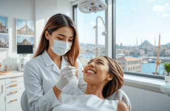 Dentist applying porcelain veneers in a modern Istanbul clinic, patient smiling with transformed teeth