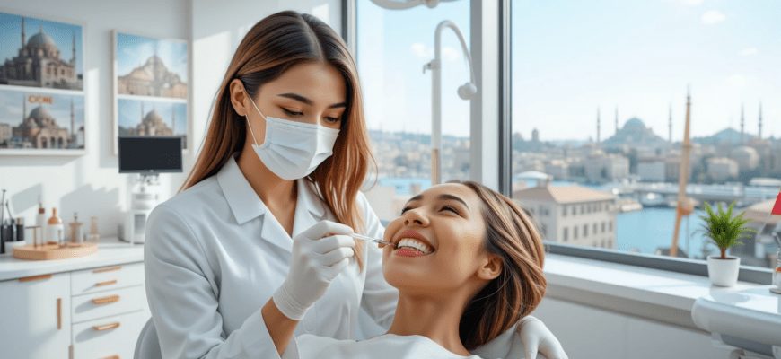 Dentist applying porcelain veneers in a modern Istanbul clinic, patient smiling with transformed teeth