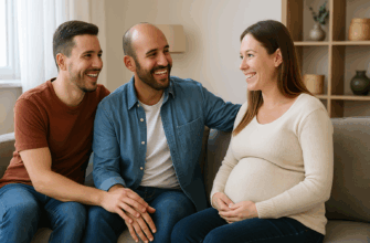 Happy gay couple with surrogate mother during surrogacy process