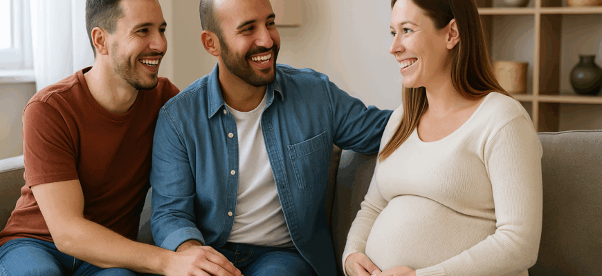 Happy gay couple with surrogate mother during surrogacy process