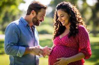 Surrogate mother holding hands with intended parents during pregnancy