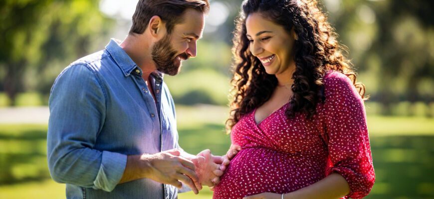 Surrogate mother holding hands with intended parents during pregnancy