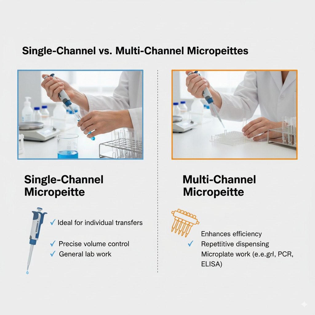 Single-channel vs. Multi-channel Micropipettes Single-channel pipettes are ideal for individual transfers, while multi-channel pipettes enhance efficiency for repetitive dispensing, such as filling microplates.
