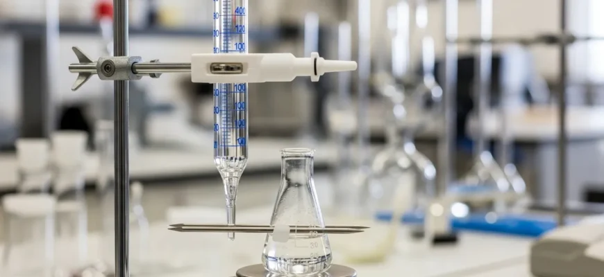 A 50ml glass burette with PTFE stopcock, filled with liquid for titration