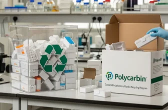 A full cardboard mail-back box labeled for pipette tip box recycling, ready to be shipped