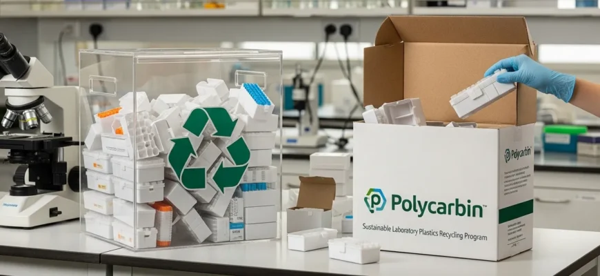 A full cardboard mail-back box labeled for pipette tip box recycling, ready to be shipped