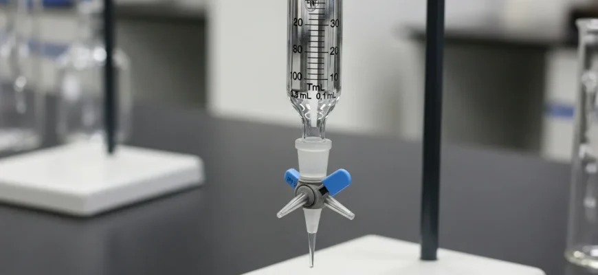A glass acid burette with a PTFE stopcock, used for precise titration in a laboratory