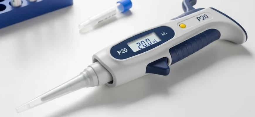 A modern electronic P20 pipette for precise micro-volume liquid handling in a laboratory setting