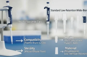 Assortment of different pipette tips on a lab bench, showing various sizes and types