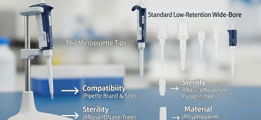 Assortment of different pipette tips on a lab bench, showing various sizes and types