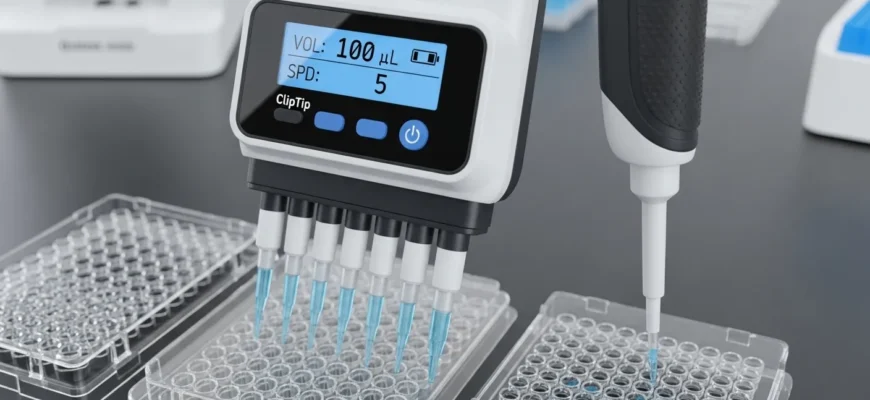 Electronic multichannel pipette with adjustable tip spacing for laboratory use