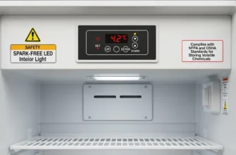 Interior of a Class I Division 1 explosion-proof refrigerator for lab chemical storage