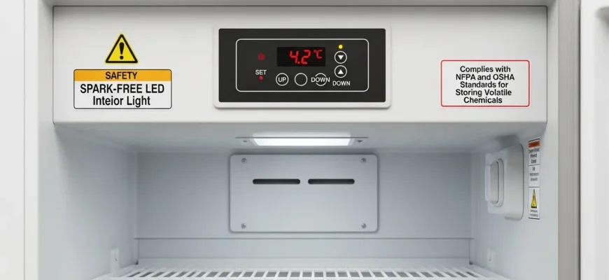 Interior of a Class I Division 1 explosion-proof refrigerator for lab chemical storage