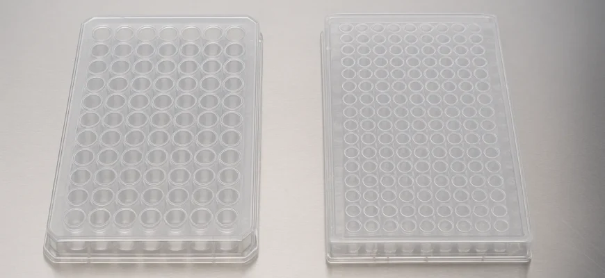 96-well and 384-well plates for cell culture and ELISA on lab bench