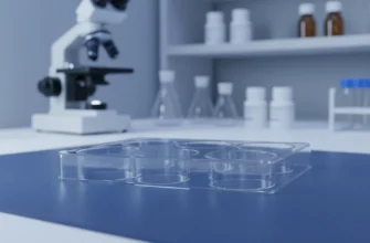 A 6-well cell culture plate with adherent cells under microscopic view