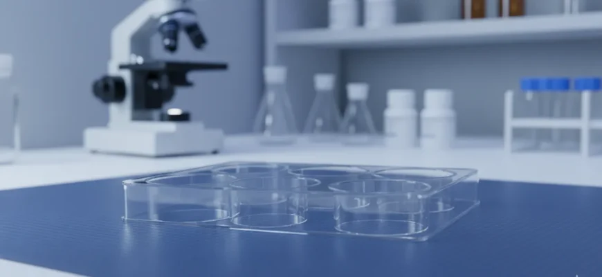 A 6-well cell culture plate with adherent cells under microscopic view