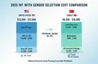 A colorful, easy-to-read bar chart comparing the total average cost of a single IVF cycle with PGT-A gender selection in the United States and Turkey