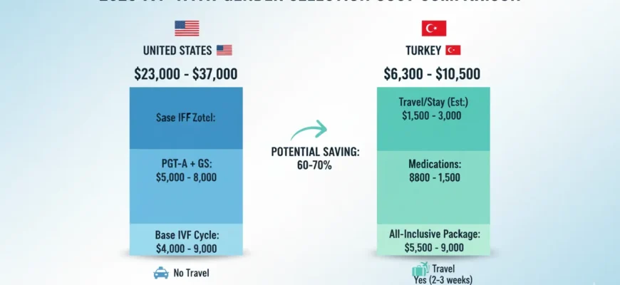A colorful, easy-to-read bar chart comparing the total average cost of a single IVF cycle with PGT-A gender selection in the United States and Turkey