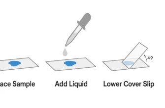 A properly prepared wet mount microscope slide with a cover slip on a stage