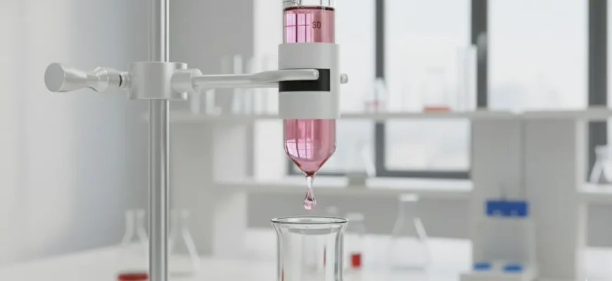 A scientist performing a titration with a glass burette in a modern laboratory, carefully reading the meniscus for precise measurement