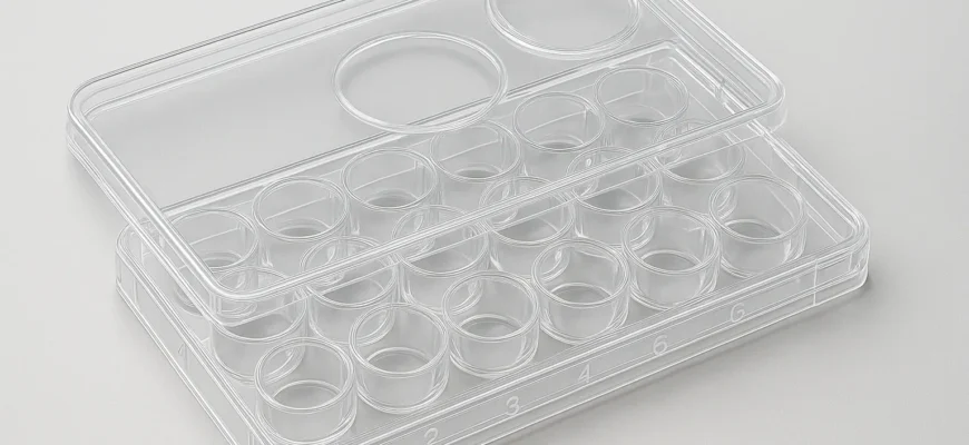 Close-up of a 24-well cell culture plate with alphanumeric coding and a non-reversible lid