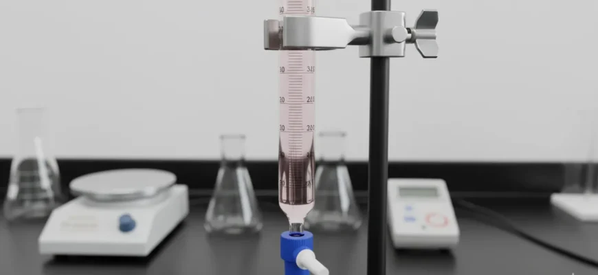 Close-up of a 50ml glass graduated burette with PTFE stopcock during titration