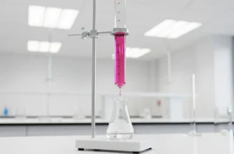 Close-up of a Class A glass burette with PTFE stopcock during a titration experiment