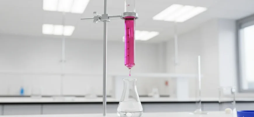 Close-up of a Class A glass burette with PTFE stopcock during a titration experiment