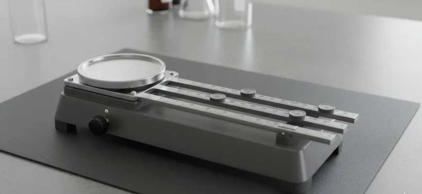 Close-up of a triple beam balance in a laboratory, showing the weighing pan, riders, and pointer scale for precise mass measurement