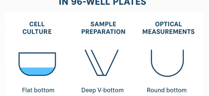Comparison of 96 well plate bottom shapes Flat, U, and V-bottom