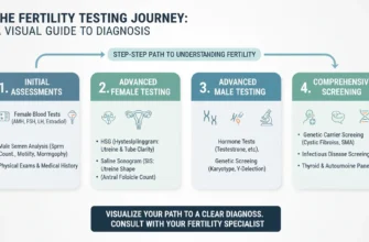 Comprehensive flowchart of male and female fertility testing process from blood work to diagnosis