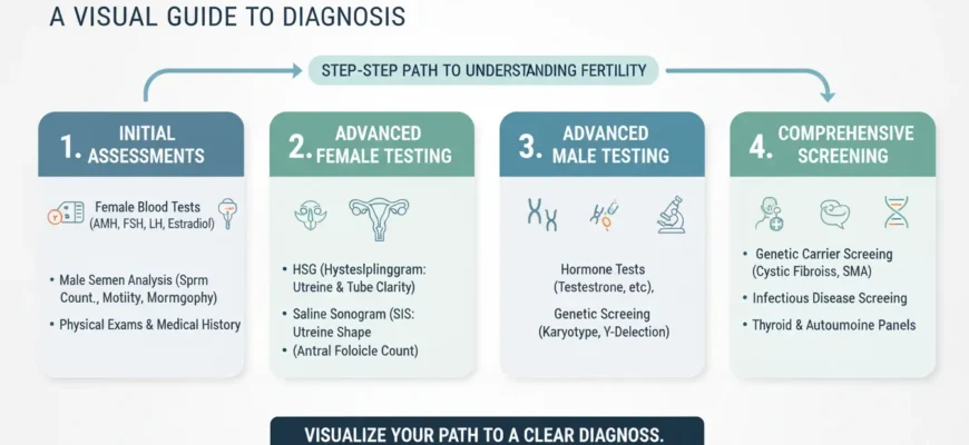 Comprehensive flowchart of male and female fertility testing process from blood work to diagnosis