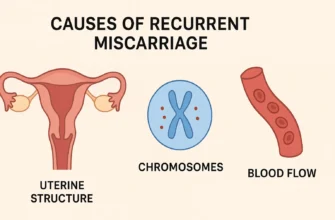 Diagram explaining causes of recurrent miscarriage like uterine structure, chromosomes, and blood flow
