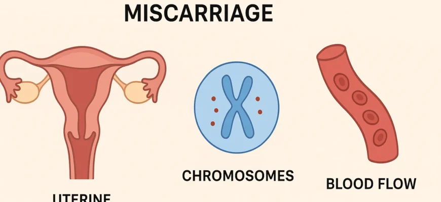 Diagram explaining causes of recurrent miscarriage like uterine structure, chromosomes, and blood flow