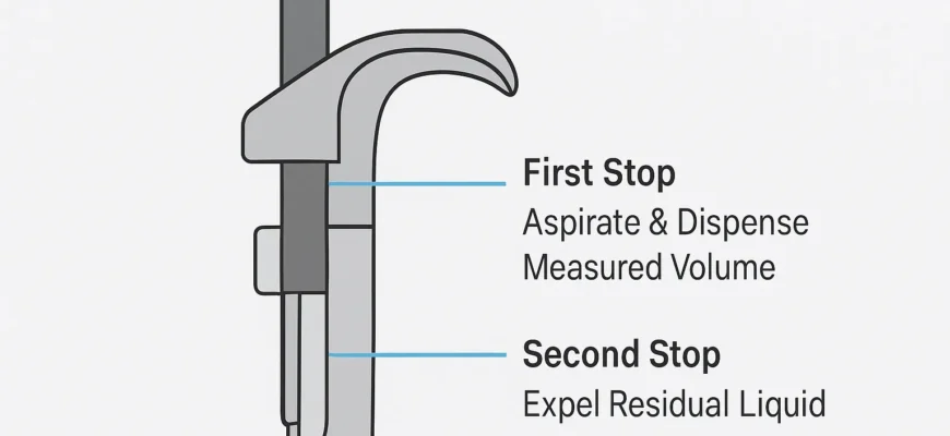 Diagram of a micropipette plunger showing first and second stop positions