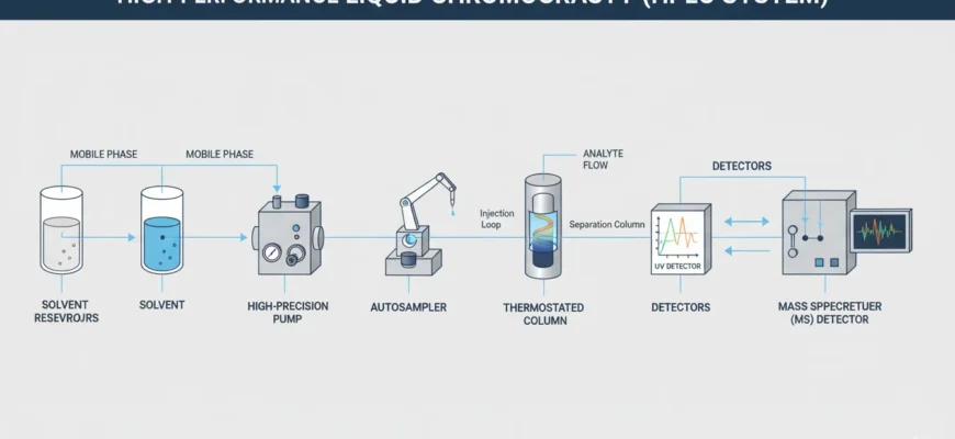 Diagram of a modern HPLC system with pump, autosampler, column, and detector