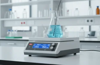 Digital hotplate magnetic stirrer with flask on ceramic plate