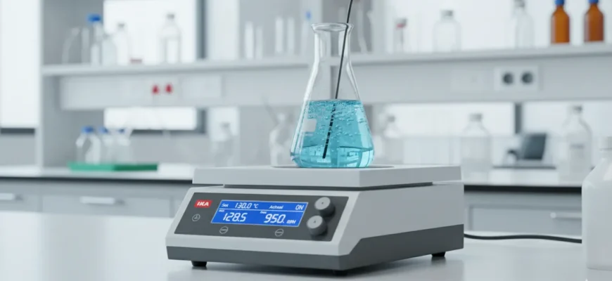 Digital hotplate magnetic stirrer with flask on ceramic plate