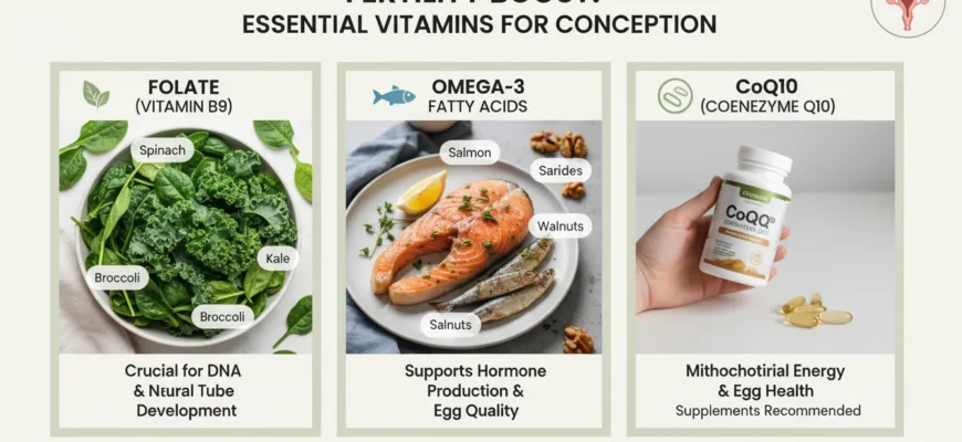 Essential vitamins for women's fertility and conception - folate, vitamin D, CoQ10, iron