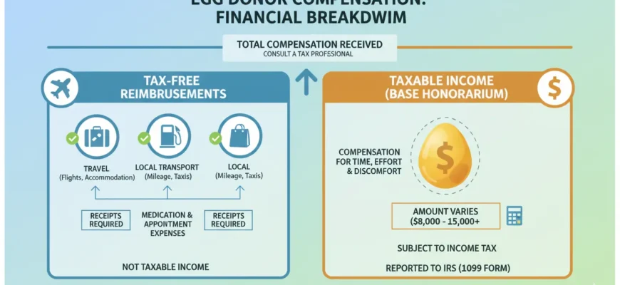 Illustration of a woman reviewing an egg donor compensation breakdown sheet