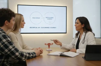 Lesbian couple discussing reciprocal IVF treatment with a fertility doctor in a modern clinic