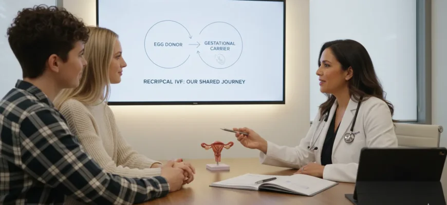 Lesbian couple discussing reciprocal IVF treatment with a fertility doctor in a modern clinic