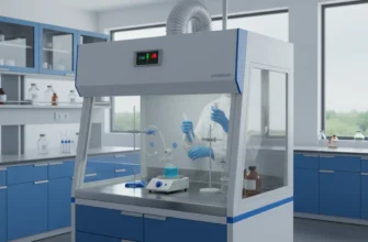 Modern benchtop fume hood in a laboratory with stainless steel interior