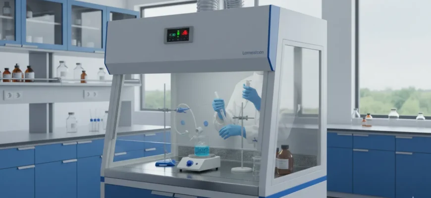 Modern benchtop fume hood in a laboratory with stainless steel interior