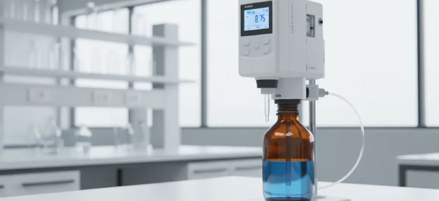 Modern digital burette with LCD display for precise liquid dispensing in a laboratory setting
