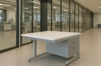 Modern laboratory with a durable epoxy resin lab bench table, featuring adjustable height and integrated storage
