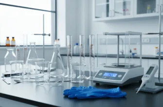 Modern science lab setup with safety goggles, beakers, flasks, and digital scales on a bench