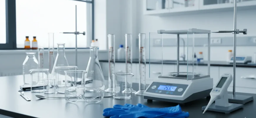 Modern science lab setup with safety goggles, beakers, flasks, and digital scales on a bench